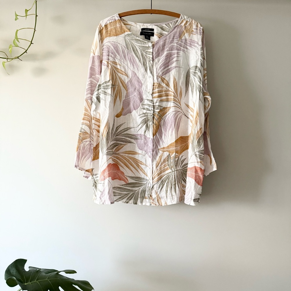 Tahari Top Women 2X 100% Linen Blouse 3/4 Roll Tab Sleeve‎ Palm Lagenlook Shirt